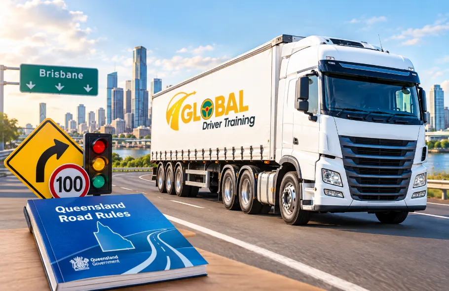 Heavy vehicle driver studying Queensland road rules before HR Licence training in Brisbane